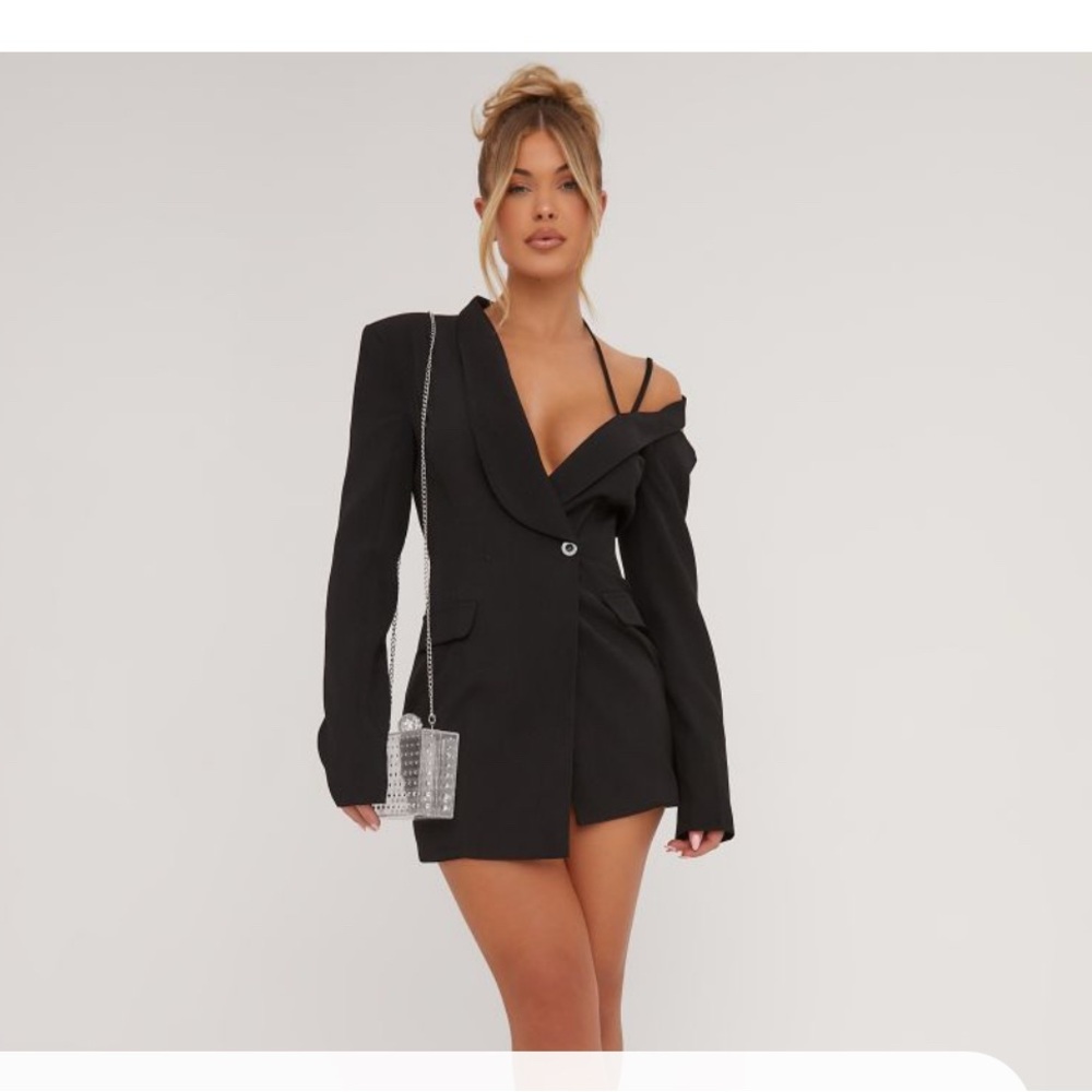 Chic Black Blazer Dress with Crystal Bag
